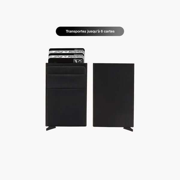 Porte carte en aluminium noir avec pochette à l'avant et fonction blocage RFID