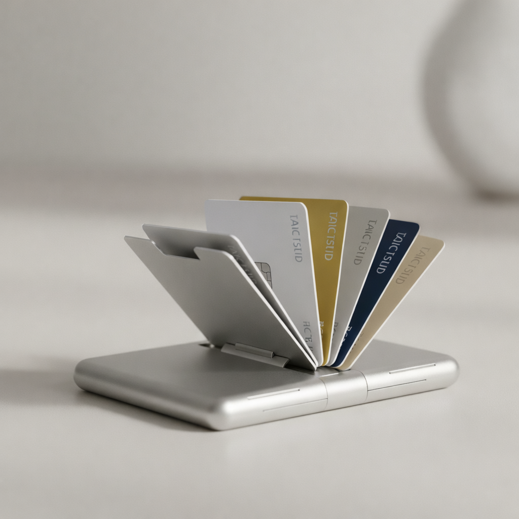 Porte-carte aluminium pas cher à mécanisme automatique, cartes visibles en éventail